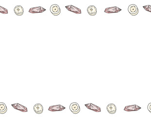 Candles and pink quartz crystals in comic style doodles top view seamless pattern. Letter format postcard with place for your text. Cozy boho poster template texture background tile