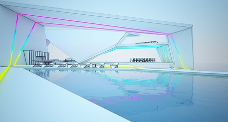Abstract drawing architectural white interior of a modern villa on the sea with colored neon lighting. 3D illustration and rendering.