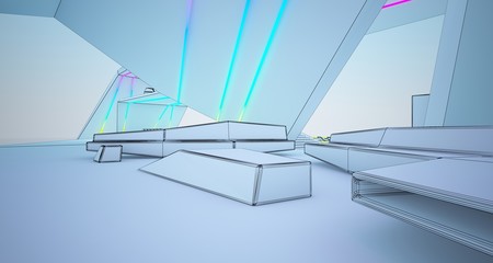 Abstract drawing architectural white interior of a modern villa on the sea with colored neon lighting. 3D illustration and rendering.