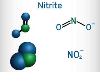 Nitrite anion, NO2- molecule. Structural chemical formula and molecule model