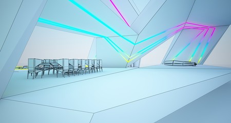 Abstract drawing architectural white interior of a modern villa on the sea with colored neon lighting. 3D illustration and rendering.