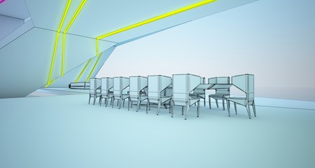 Abstract drawing architectural white interior of a modern villa on the sea with colored neon lighting. 3D illustration and rendering.