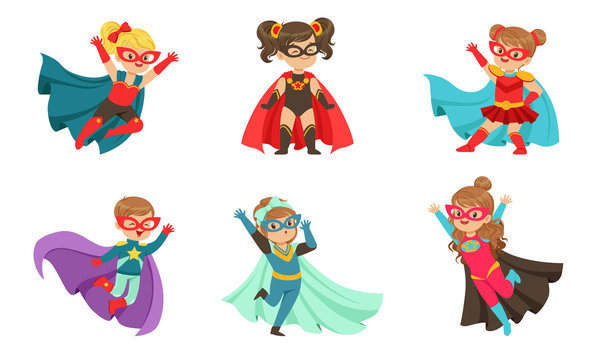 Kid Superheroes Collection, Cute Little Boys and Girls Wearing Colorful Comics Costumes, Birthday Party, Festival Design Element Vector Illustration