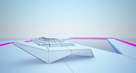 Abstract drawing architectural white interior of a modern villa on the sea with colored neon lighting. 3D illustration and rendering.