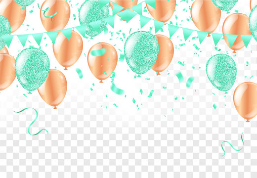 Balloons, confetti and ribbons, celebration background