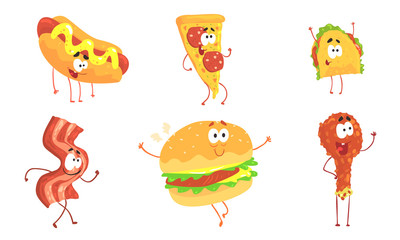 Funny Fast Food Cartoon Characters Collection, Hot Dog, Pizza, Tako, Ham Slice, Burger, Chicken Drumstick, Cafe or Restaurant Menu Design Element Vector Illustration