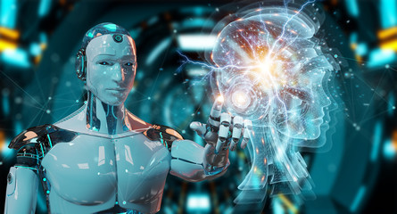 Obraz na płótnie Canvas Cyborg using digital artificial intelligence holographic projection 3D rendering
