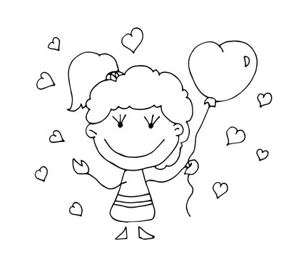 Coloring book for kids - smiling girl holding ballons in his hands. Be my Valentine. Valentines day. 14 February. Black and white cute cartoon hand drawing kids. Vector illustration.	