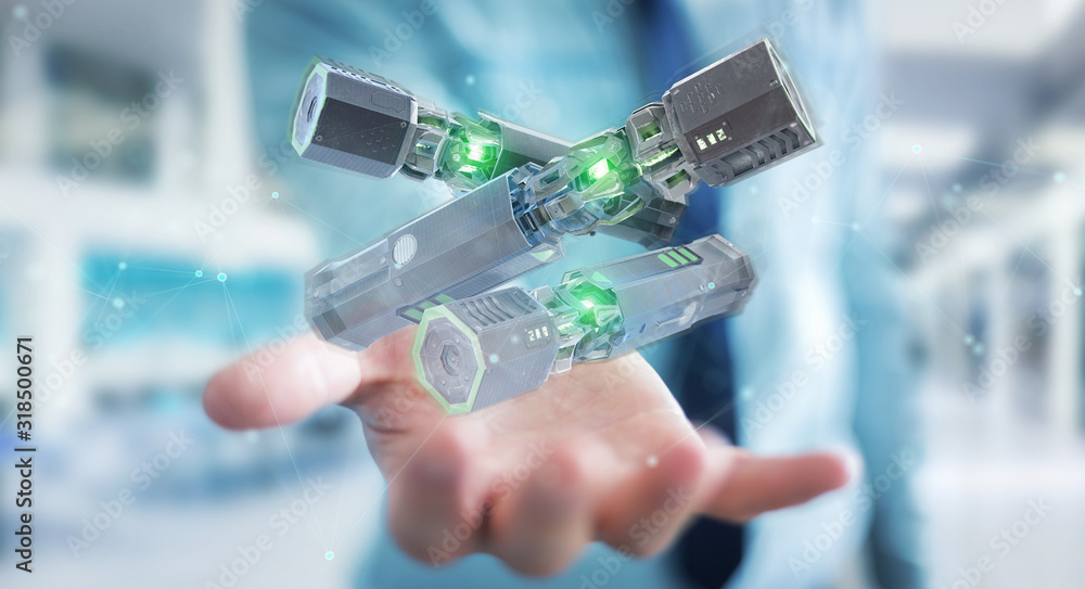 Aufkleber man holding and touching green renewable energy battery 3d rendering