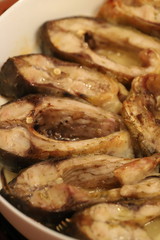 Fried carp fish slices on a white plate, top view. Traditional christmas eve dish. Polish Christmas food