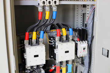 Electrical part and accessories in the control cabinet with static energy meters, circuit breakers and power distributor