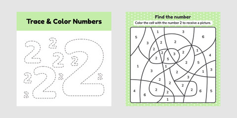 Coloring book number for kids. Worksheet for preschool, kindergarten and school age. Trace line. Write and color a two.