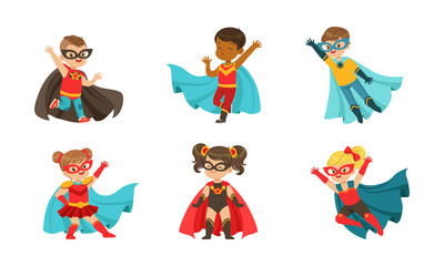 Adorable Kid Superheroes in Various Poses Collection, Cute Little Boys and Girls Wearing Colorful Comics Costumes and Masks, Birthday Party, Festival Design Element Vector Illustration