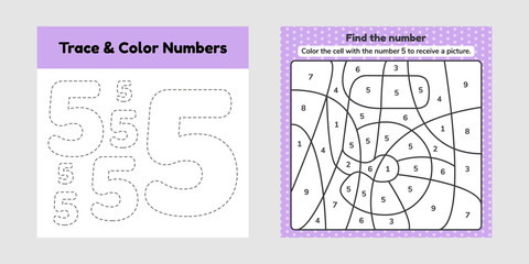 Coloring book number for kids. Worksheet for preschool, kindergarten and school age. Trace line. Write and color a five.