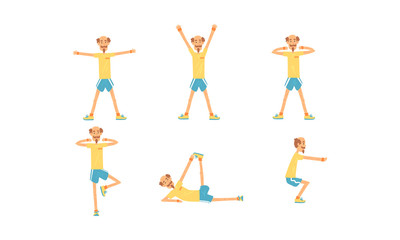 Cheerful Mature Man Doing Morning Exercises Collection, Aged Person Doing Sports, People Engaged in Sports Vector Illustration