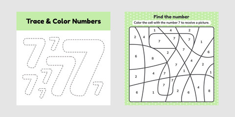 Coloring book number for kids. Worksheet for preschool, kindergarten and school age. Trace line. Write and color a seven.