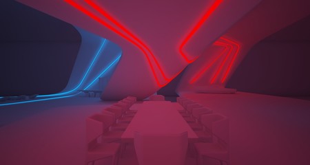 Obraz premium Abstract architectural white interior of a minimalist house with colored neon lighting. 3D illustration and rendering.