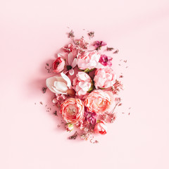 Flowers composition. Pink flowers on pastel pink background. Valentines day, mothers day, womens day concept. Flat lay, top view - 318502872