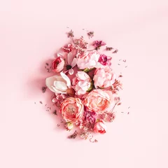 Fotobehang Flowers composition. Pink flowers on pastel pink background. Valentines day, mothers day, womens day concept. Flat lay, top view © Flaffy