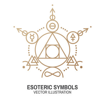 Esoteric symbols. Vector. Thin line geometric badge. Outline icon for alchemy or sacred geometry. Mystic and magic design with philosopher stone.