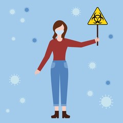 Coronavirus biohazard. Woman holding biohazard sign. Wuhan virus epidemic. Vector illustration.