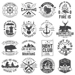 Summer camp, hunting club, sailing camp, yacht club, canoe and kayak club badges. Vector. Concept for shirt or logo, print, patch. Design with camper, kayaker, hunter, sailing camp silhouette