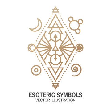 Esoteric symbols. Vector. Thin line geometric badge. Outline icon for alchemy or sacred geometry. Mystic and magic design with alchemy symbols.