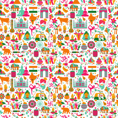 Traditional symbols of India seamless pattern on white background.