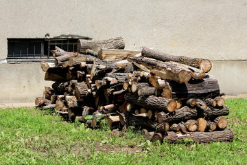 Pile of very old dried stacked firewood prepared for cold winter days in front of dilapidated family house dark grey wall surrounded with green grass