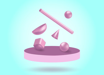 3d geometric shapes fly in the air. Vector trendy abstract color background, 3d geometric background