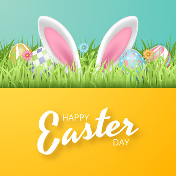 Happy Easter background with realistic painted eggs, grass, flowers and rabbit ears. Vector illustration