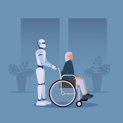 The robot carries a woman in a wheelchair. Ai. Artificial Inteddect, humanoid robot. Vector