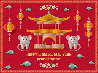Happy Chinese New Year background with beautiful pagoda, creative silver rat and hanging lanterns. Red colored template