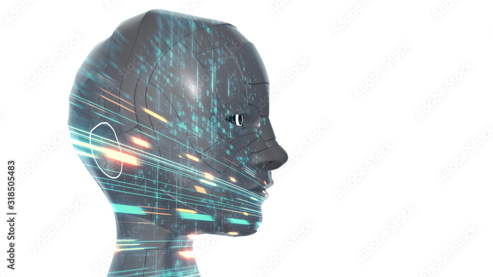 Poster 3d rendering of female robot head with dark metallic material overlay with digital binary data and b