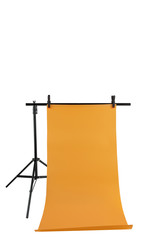 Portable background tripod holder isolated on white background. aluminum stand holder with yellow photo background
