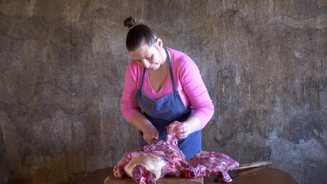 large piece of pork leg with ribs and tenderloin lies on cutting table on gray background. Meat grinder and plate of minced meat