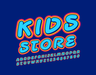 Vector bright logo Kids Store. Colorful funny Font. Creative Alphabet Letters and Numbers.