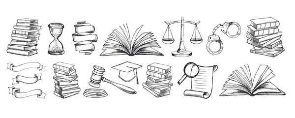 Law symbols set. Scales vector hand drawn.	