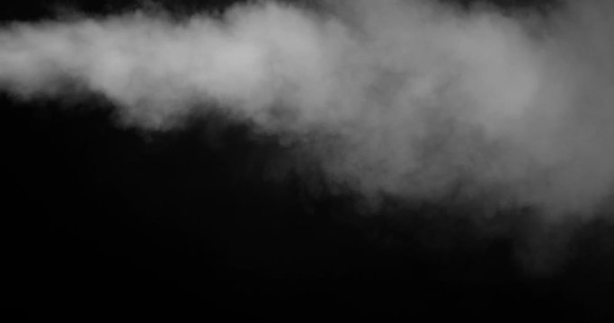 Stream of smoke for using in composition, on black studio background isolated in upper part of screen. Freeze smoke glamor, fire smoke, floating fog , ascending glamor steam  4K 50 fps slow motion