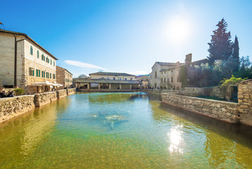 Bagno Vignoni (Italy) - A view of the famous thermal waters village in Val d'Orcia, Tuscany region province of Siena, beside Via Francigena religious street