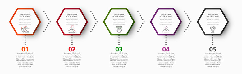 Vector infographic with 5 hexagons. Used for five diagrams, graph, flowchart, timeline, marketing, presentation. Creative business concept step by step