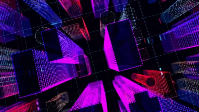Cyber city aerial view from virtual drone flying over scyscrapers. Abstract hologram buildings seamless loop 3D rendering animation. Modern neon night cityscape. Futuristic digital loopable background