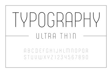 High font, condensed ultra thin alphabet sans serif, black letters and numbers