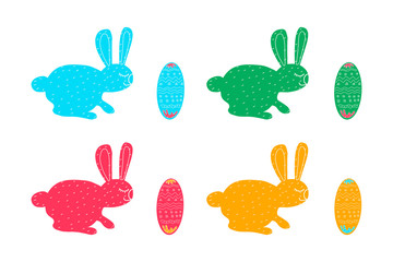 Easter bunnies of different colors with eggs and patterns. vector illustration. isolated on a white background. hand draw style.