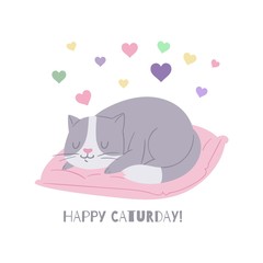 Cute cat, cartoon kitten dreaming on pillow vector illustration. Grey and white kitty with love hearts birthday card. Home pet animal cat isolated on white poster.