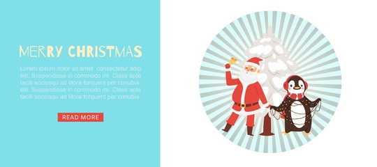 Santa claus and xmas penguin cartoon character vector web banner illustration. Cute Penguins withlight bolbs chain for Merry Christmas and Happy New Year kids invitation celebration online.