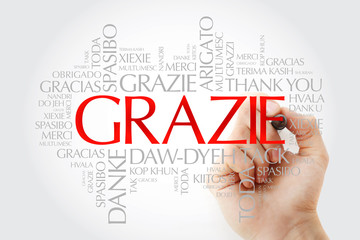 Grazie (Thank You in Italian) word cloud background in different languages with marker