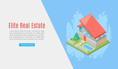 Elite house or cottage for rent or sale in flat building style vector illustration. Country house 3d isometric view with trees and waterpool. Banner for a website selling luxury real estate.