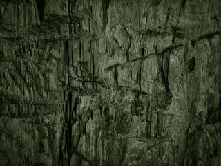 Old tree with marks from an ax. Close-up. Green toned grunge background. Old rotten tree trunk with...