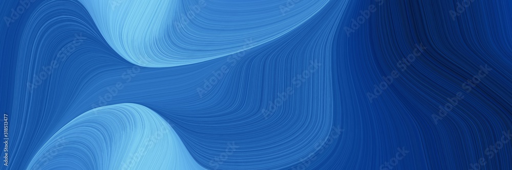 Poster dynamic horizontal banner with strong blue, sky blue and very dark blue colors. dynamic curved lines